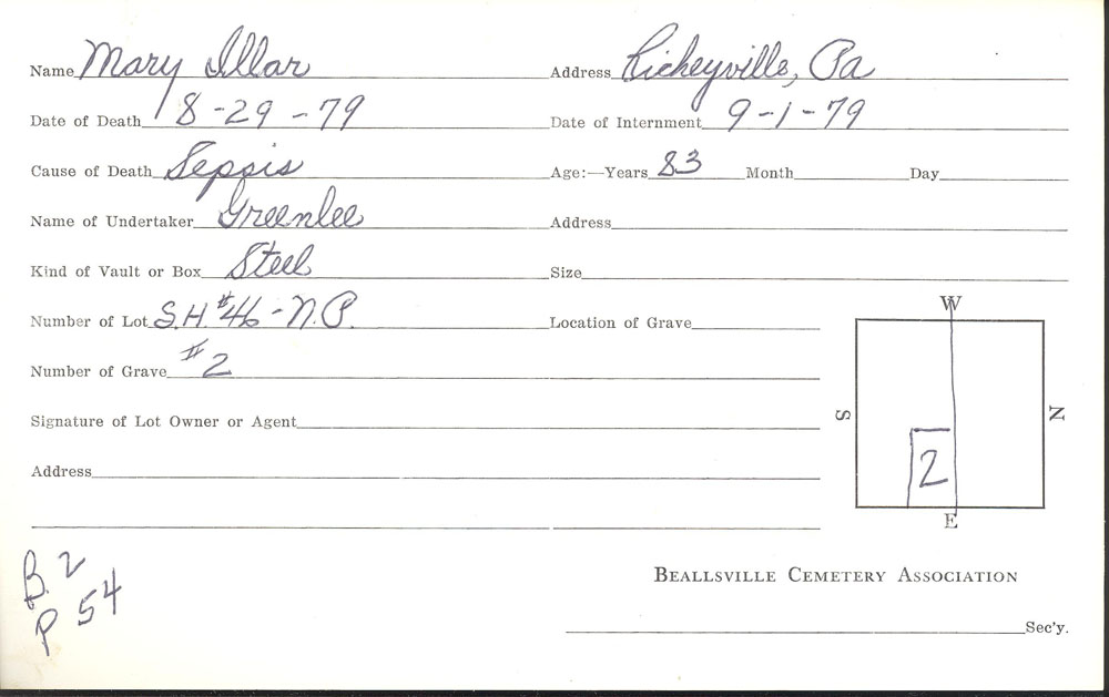 Mary Illar burial card
